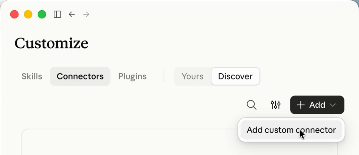 Customize → Connectors → + Add → Add custom connector