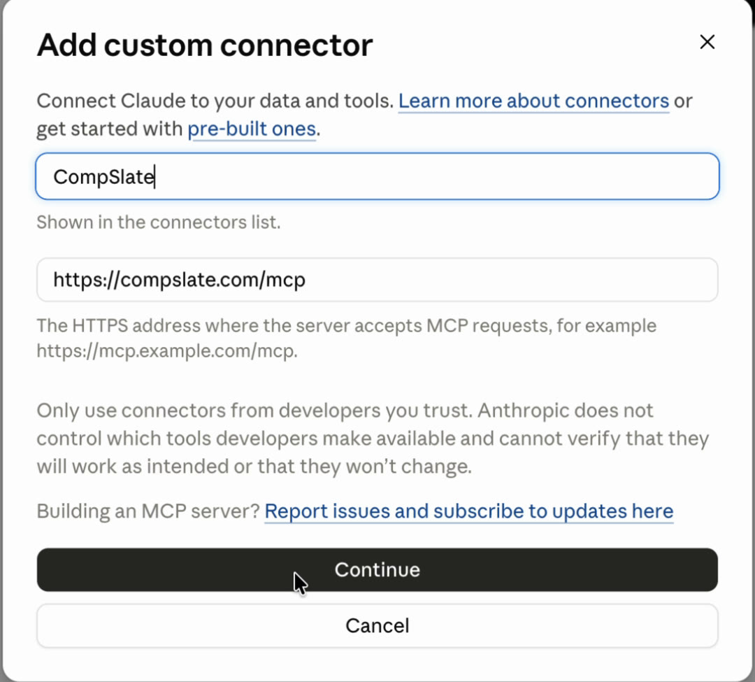 Adding CompSlate as a custom connector in Claude